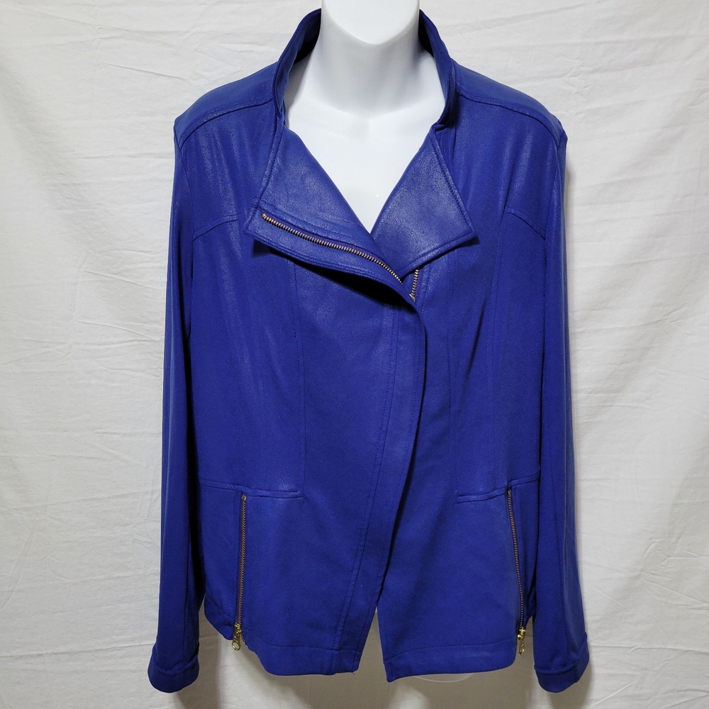 Clara Sun Woo Liquid Leather Signature Jacket L Moto Zip Up Stretch Travel Blue
